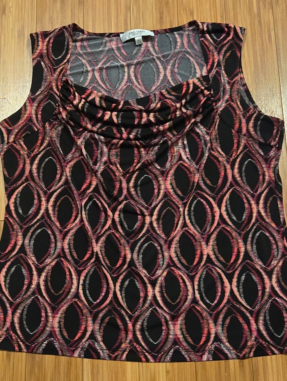 Jones Studio Black Tank Top with Pink and Coral Geometric Print